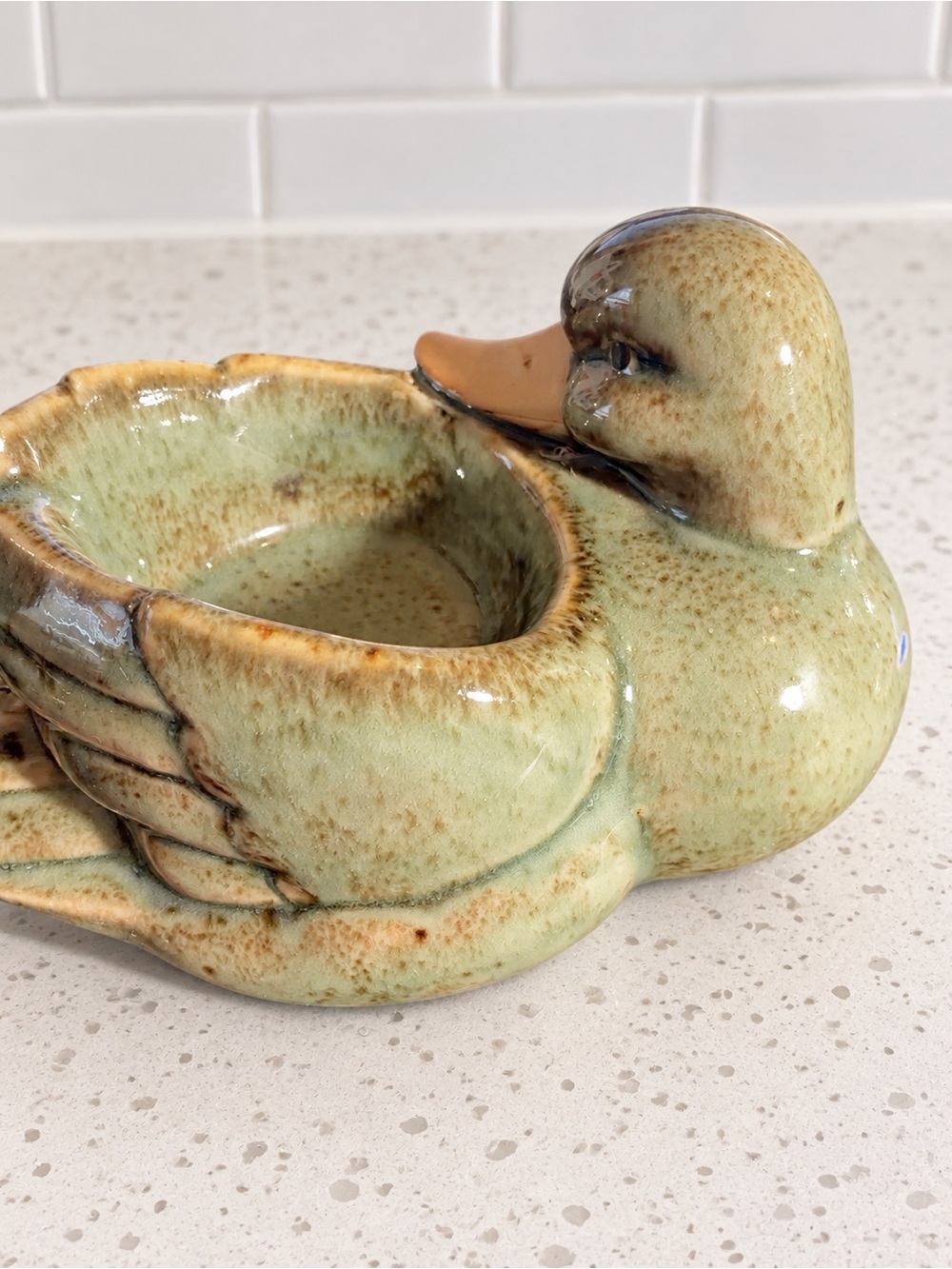 Ceramic Duck Candle Holder Green Brown Glazed Farmhouse Decor